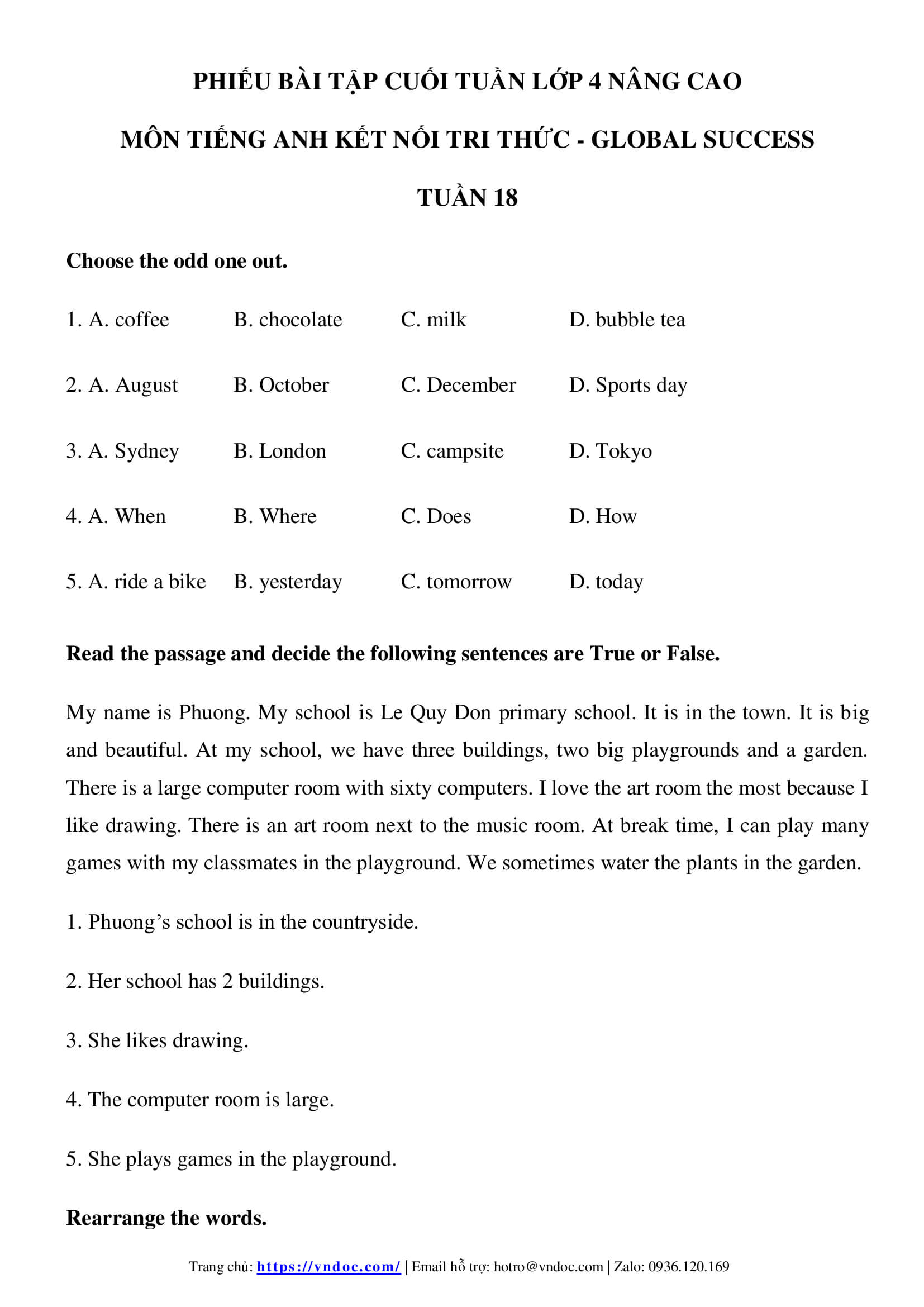 Phiếu bài tập cuối tuần tiếng Anh lớp 4 Global success nâng cao Tuần 18