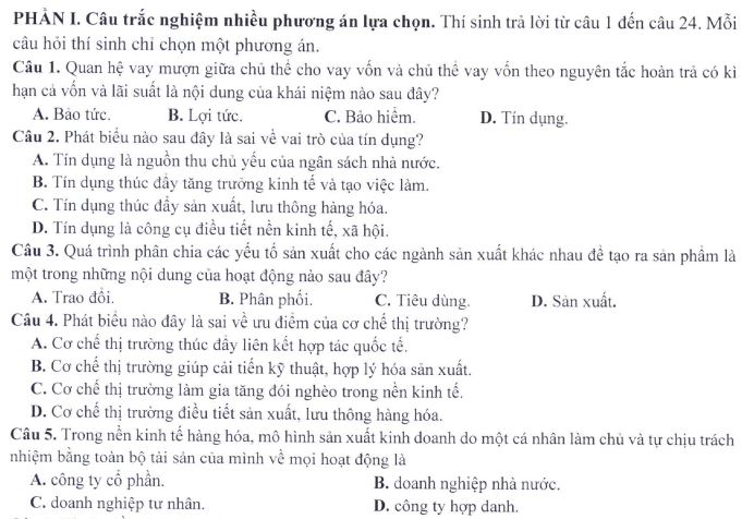 Đề minh họa thi THPT Quốc gia môn Giáo dục Kinh tế và Pháp luật