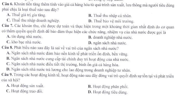 Đề minh họa thi THPT Quốc gia môn Giáo dục Kinh tế và Pháp luật