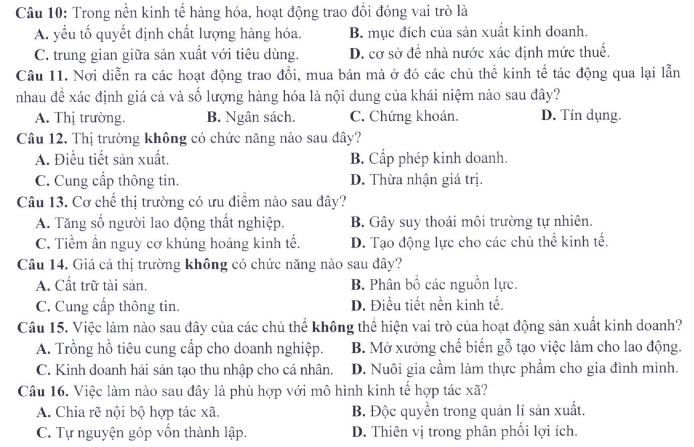Đề minh họa thi THPT Quốc gia môn Giáo dục Kinh tế và Pháp luật