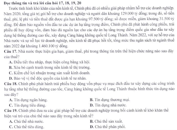 Đề minh họa thi THPT Quốc gia môn Giáo dục Kinh tế và Pháp luật