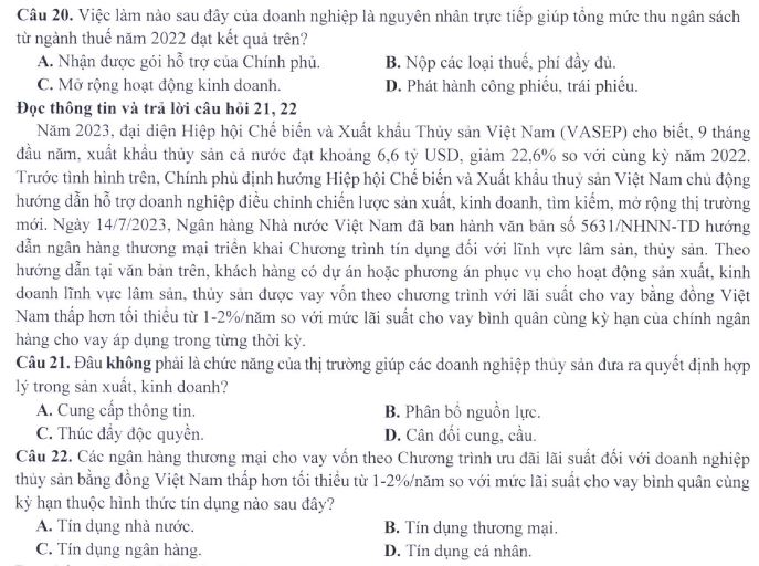 Đề minh họa thi THPT Quốc gia môn Giáo dục Kinh tế và Pháp luật