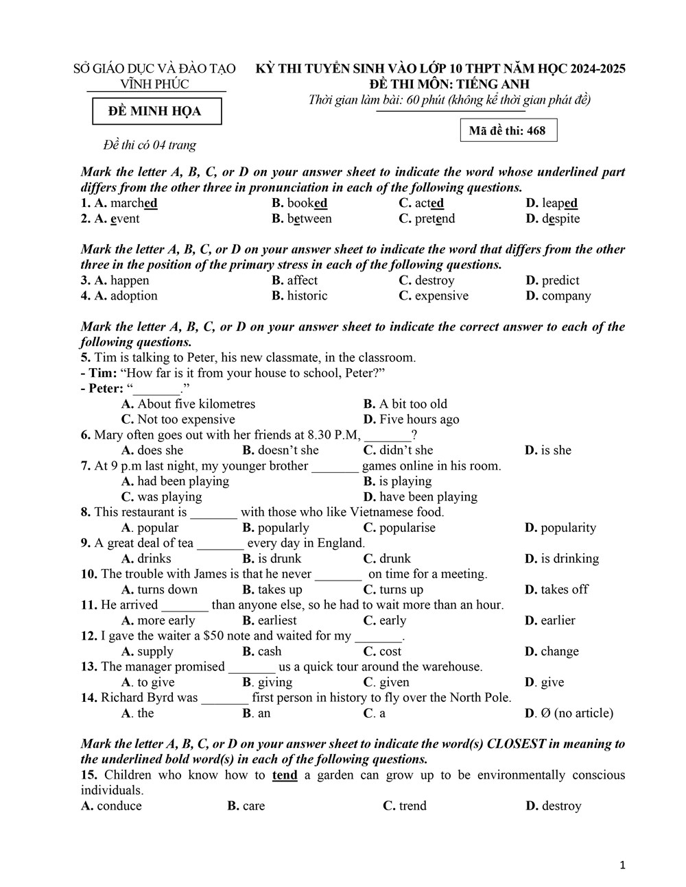 Đề thi vào lớp 10 môn tiếng Anh Vĩnh Phúc