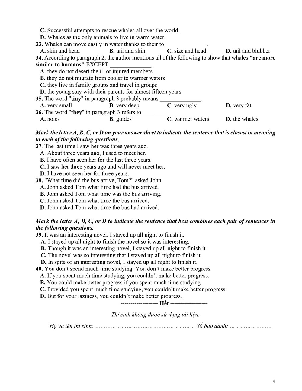 Đề thi vào lớp 10 môn tiếng Anh Vĩnh Phúc