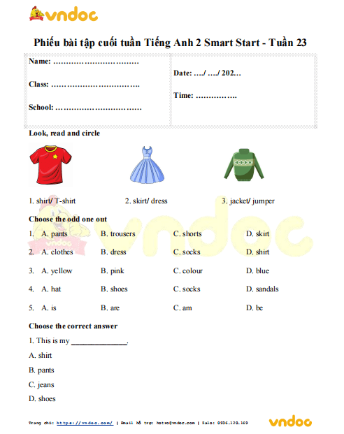 Đề kiểm tra cuối tuần môn Tiếng Anh lớp 2 Smart Start Tuần 24