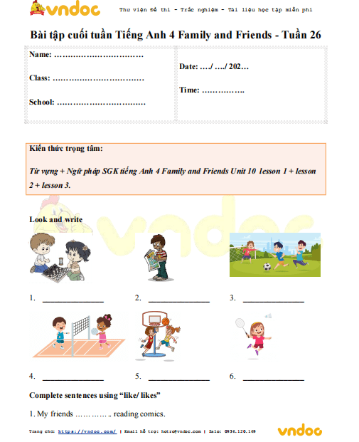 Bài tập cuối tuần tiếng Anh 4 Family and Friends - Tuần 26