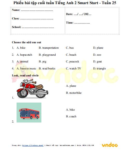 Đề kiểm tra cuối tuần môn Tiếng Anh lớp 2 Smart Start Tuần 25