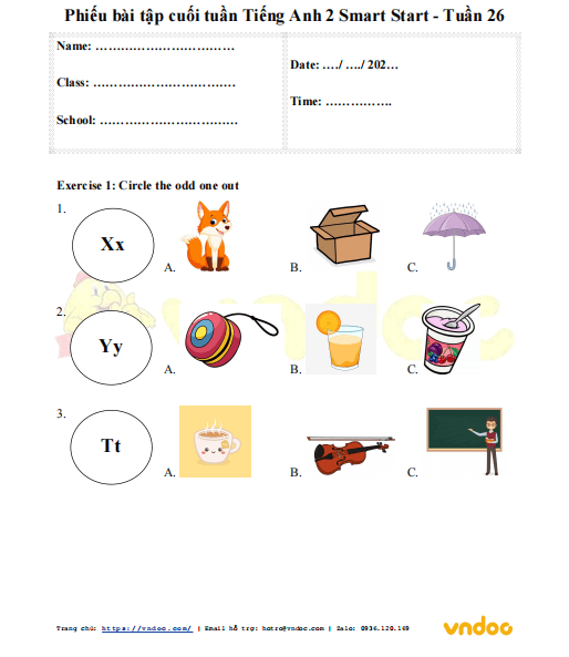 Đề kiểm tra cuối tuần môn Tiếng Anh lớp 2 Smart Start Tuần 25