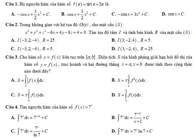 Bộ đề thi giữa học kì 2 lớp 12 môn Toán năm học 2023-2024
