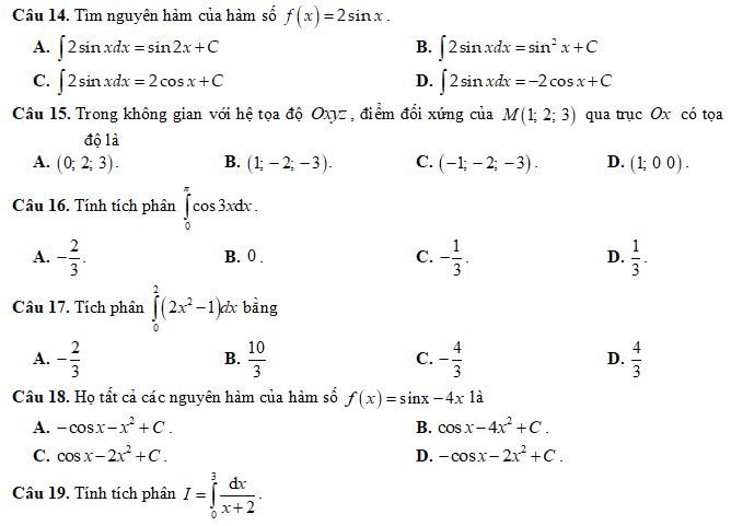 Bộ đề thi giữa học kì 2 lớp 12 môn Toán năm học 2023-2024
