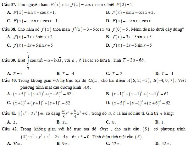 Bộ đề thi giữa học kì 2 lớp 12 môn Toán năm học 2023-2024