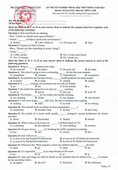 Đề thi THPT Quốc Gia năm 2024 môn Anh