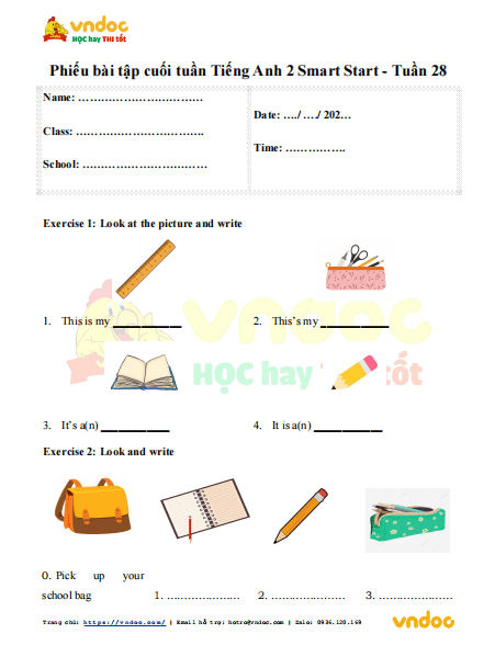 Đề kiểm tra cuối tuần môn Tiếng Anh lớp 2 Smart Start Tuần 28