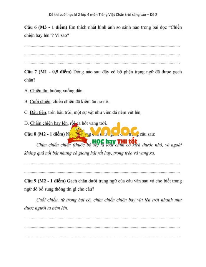 de thi hoc ki 2 tieng viet lop 4 chan troi sang tao theo thong tu 27 de 2 h2*585658