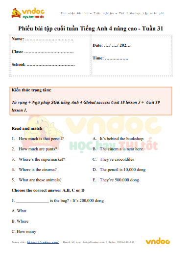 Phiếu bài tập cuối tuần tiếng Anh lớp 4 Global success nâng cao Tuần 31