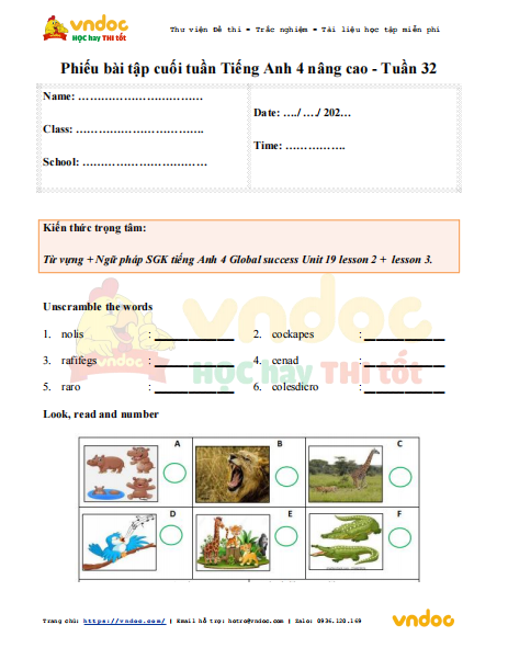 Phiếu bài tập cuối tuần tiếng Anh lớp 4 Global success nâng cao Tuần 32