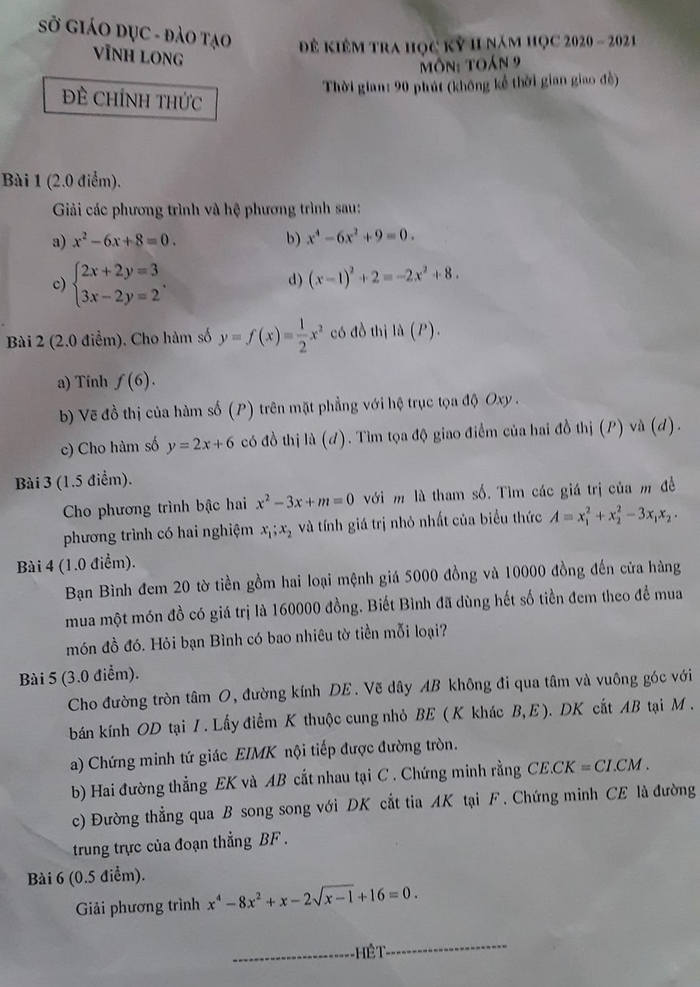 Đề thi học kì 2 năm 2021 môn Toán lớp 9 tỉnh Vĩnh Long-có đáp án