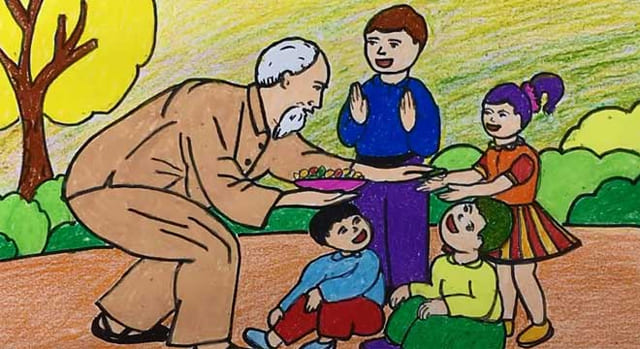 Một số mẫu tranh vẽ Bác Hồ và thiếu nhi đẹp
