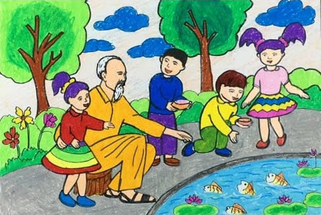 Một số mẫu tranh vẽ Bác Hồ và thiếu nhi đẹp