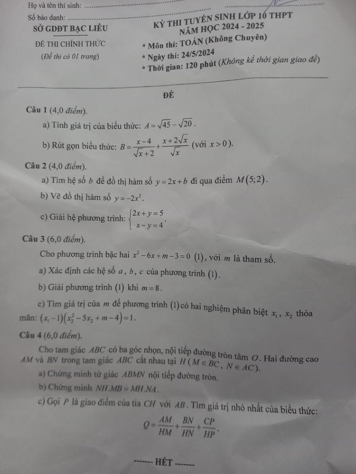 Đề thi tuyển sinh lớp 10 môn Toán Bạc Liêu 2024