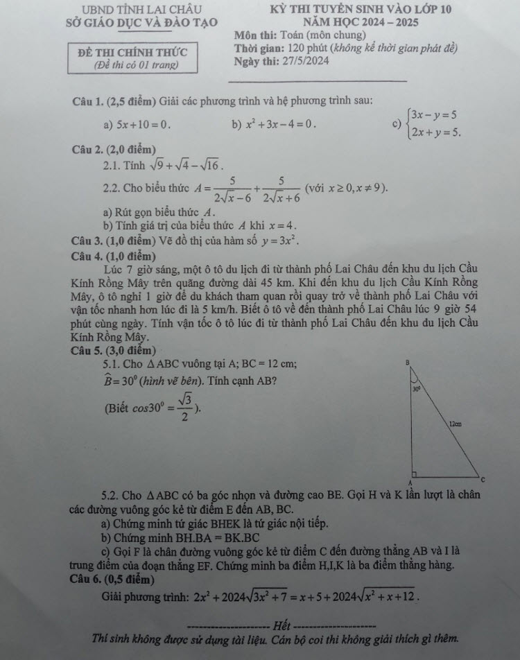 Đề thi tuyển sinh lớp 10 môn Toán tỉnh Lai Châu 2024