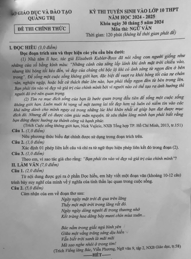 Đề thi tuyển sinh lớp 10 môn văn Quảng Trị 2024