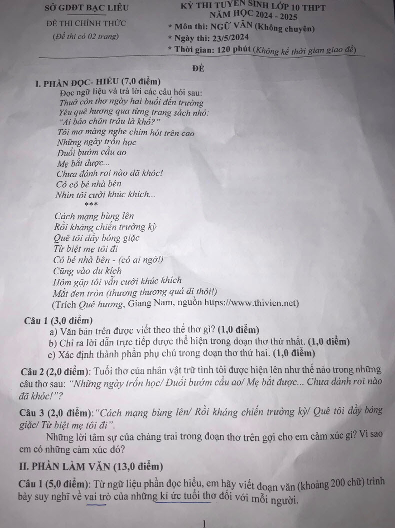 Đề thi tuyển sinh lớp 10 môn Văn Bạc Liêu 2024 ảnh 1