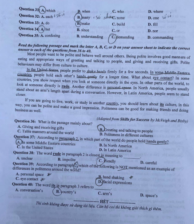 Đề thi tuyển sinh lớp 10 môn Anh 2024 Vĩnh Phúc có đáp án
