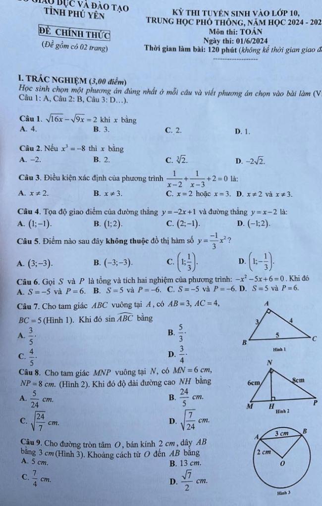 đề thi tuyển sinh lớp 10 môn toán Phú Yên 2024 ảnh 1