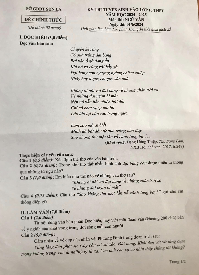đề thi vào 10 môn văn năm 2024 tỉnh Sơn La trang 1
