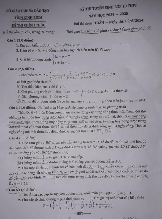 đề thi vào 10 môn toán Quảng Ninh 2024