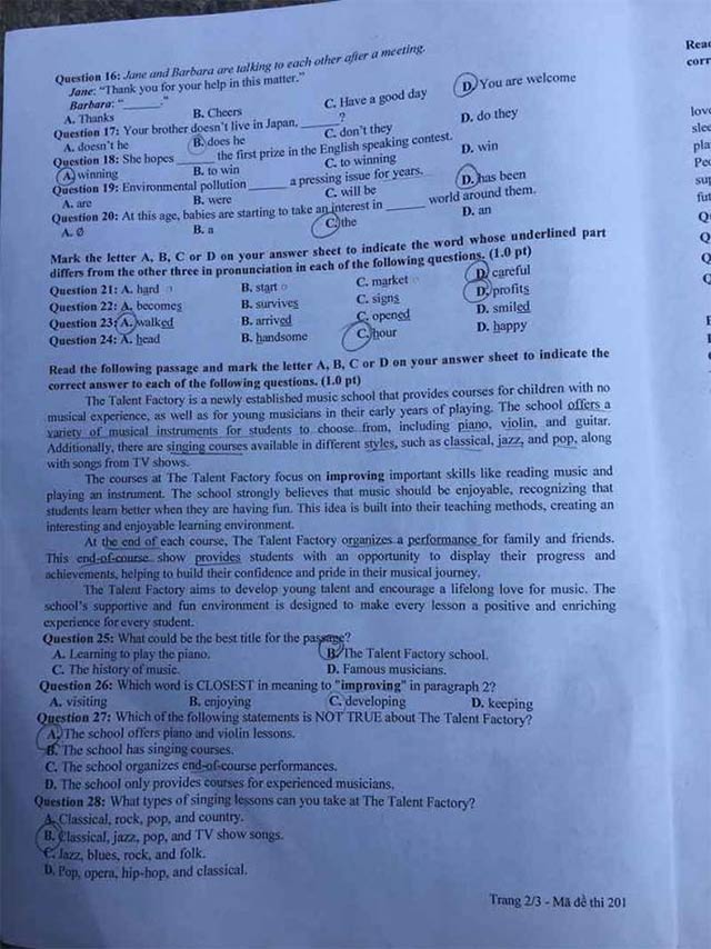 Đề thi tuyển sinh vào lớp 10 môn tiếng Anh Bắc Giang