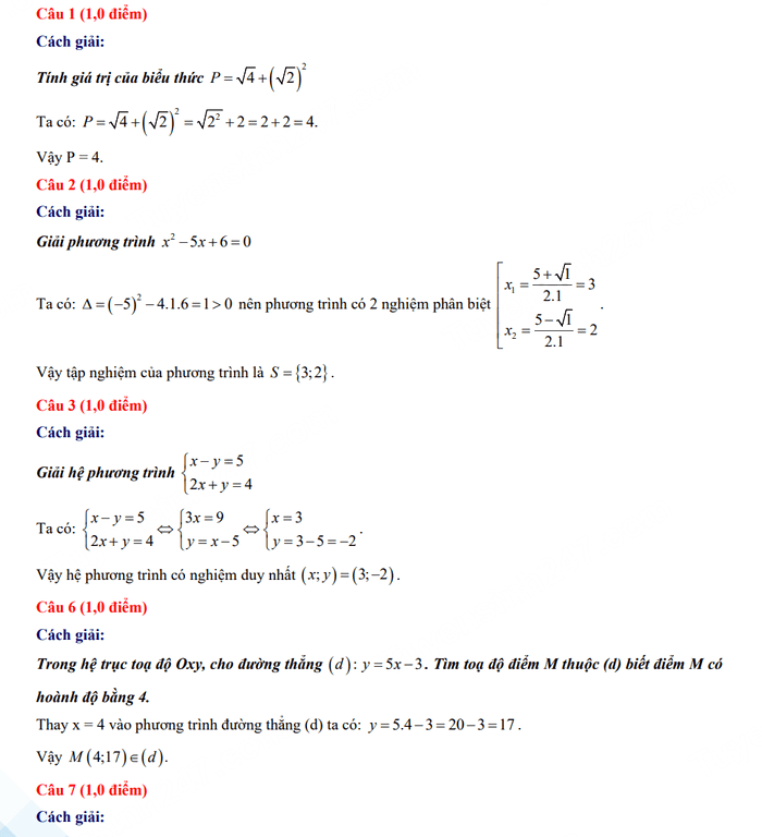Đáp án đề thi tuyển sinh lớp 10 môn Toán Tây Ninh 2023
