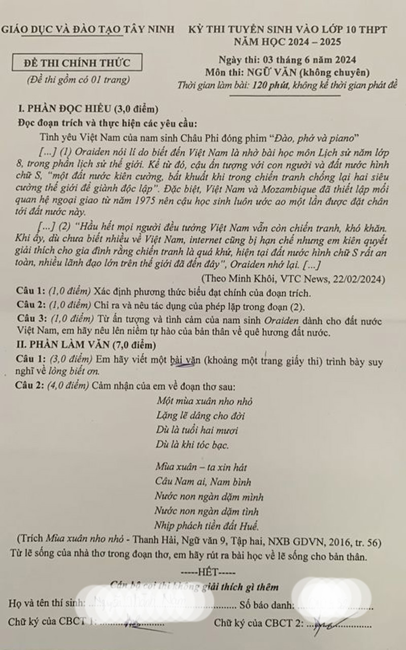 đề thi vào lớp 10 môn văn Tây Ninh năm học 2024 - 2025