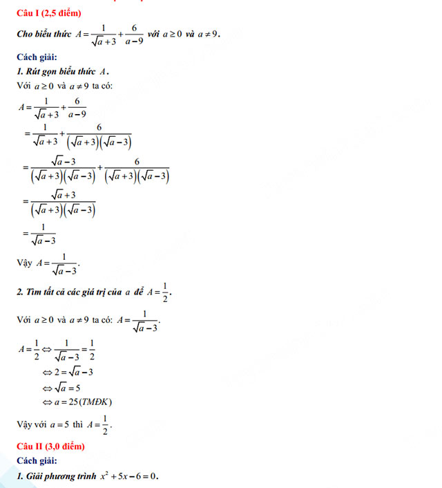 Đáp án đề thi vào 10 môn Toán Quảng Bình