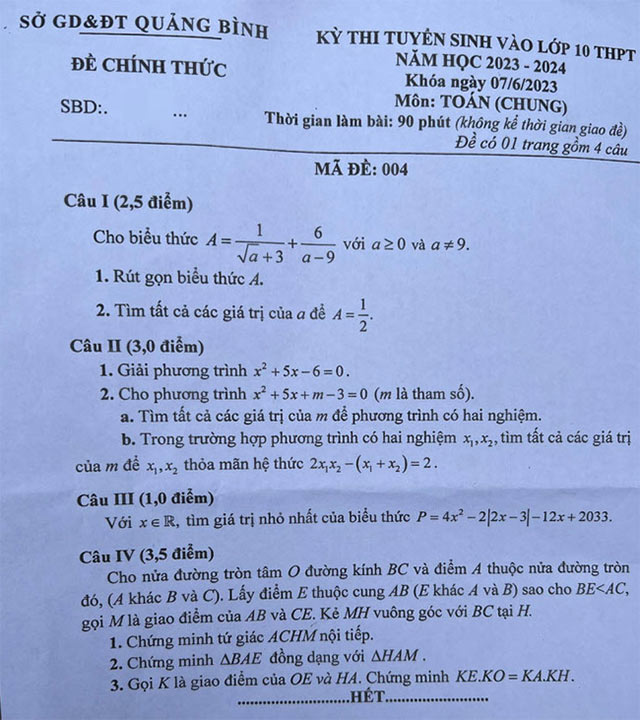 Đề thi vào lớp 10 môn Toán Quảng Bình
