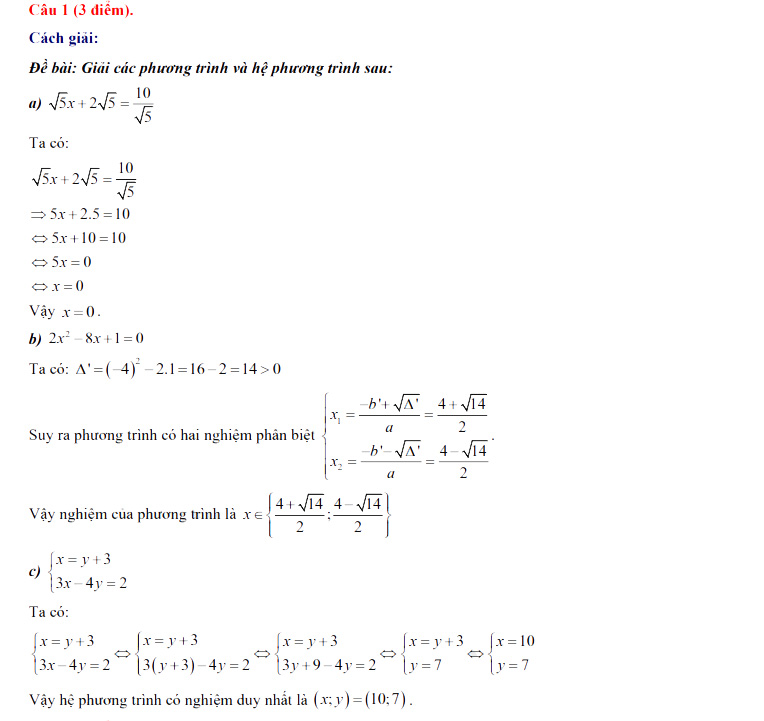 Đáp án đề thi vào lớp 10 môn Toán Anh Giang 2024 - 2025 câu 1