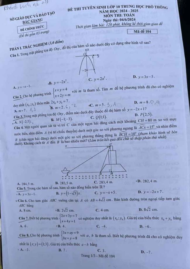 Đáp án đề thi tuyển sinh lớp 10 môn Toán năm 2024 Bắc Giang 1