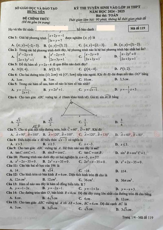 Đáp án đề thi vào lớp 10 môn toán Hưng Yên 2024 - 2025 1