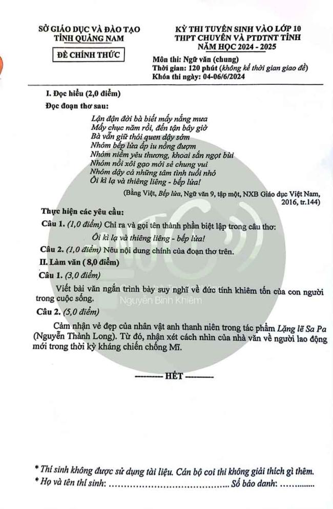 Đáp án đề thi vào lớp 10 môn Văn Quảng Nam 2024 - 2025