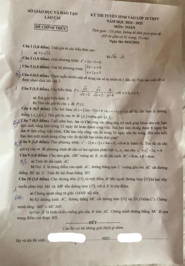 Đề thi vào lớp 10 môn toán Lào Cai 2024