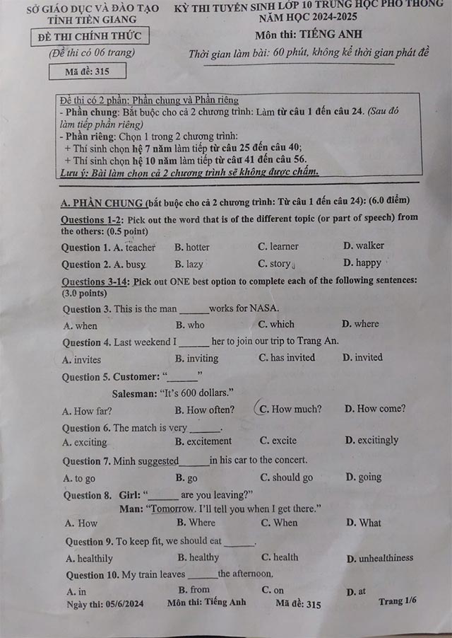  Đề thi tuyển sinh vào lớp 10 môn tiếng Anh Tiền Giang 