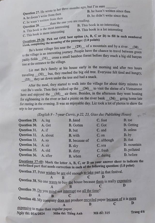  Đề thi tuyển sinh vào lớp 10 môn tiếng Anh Tiền Giang 