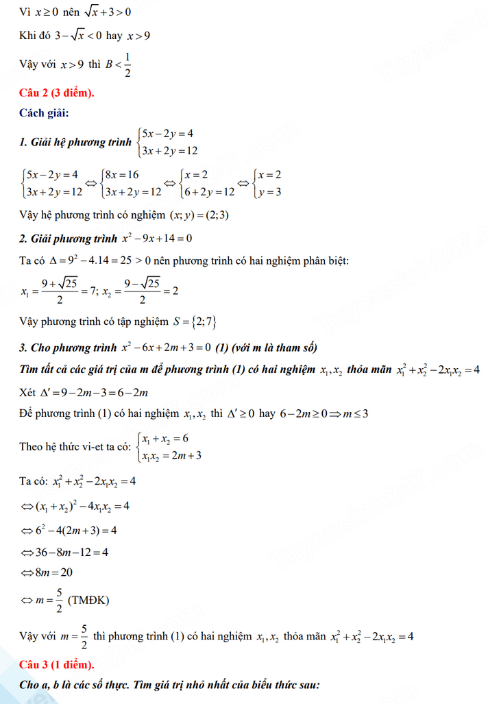 Đáp án đề thi tuyển sinh lớp 10 môn Toán Quảng Bình 2024