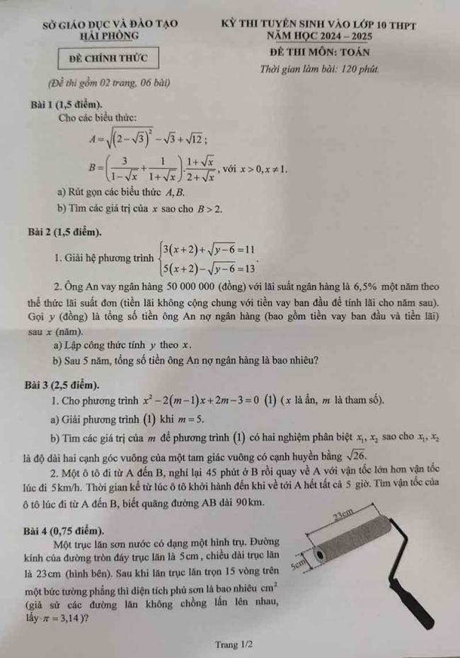 Đáp án đề thi toán vào 10 Hải Phòng 2024 - 2025 1