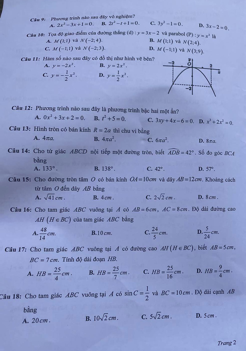 đề thi tuyển sinh lớp 10 môn Toán Bến Tre 2024 - 2025 trang 2