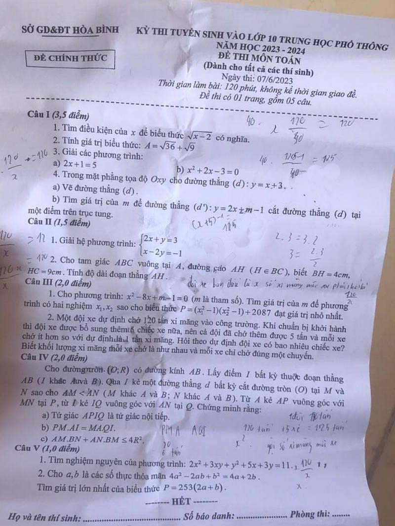 Đề thi tuyển sinh lớp 10 2023 môn Toán Hòa Bình