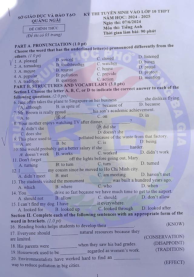 Đề thi tuyển sinh vào lớp 10 môn tiếng Anh Quảng Ngãi Chính thức 2024