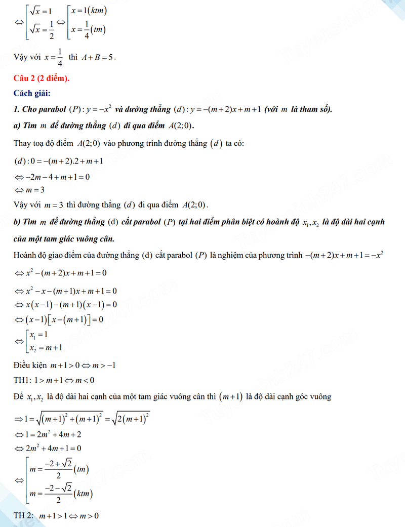 Đáp án đề thi vào 10 Toán Phú Thọ 2024