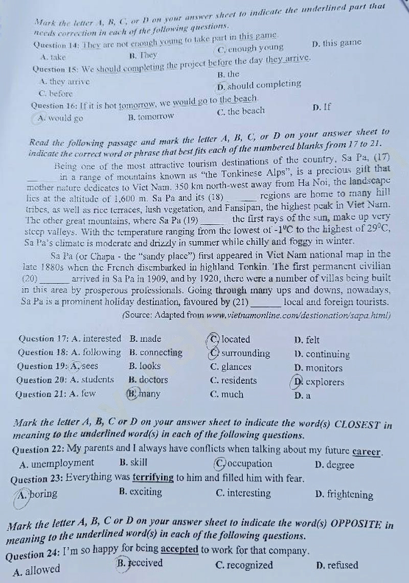 Đề thi chính thức môn tiếng Anh vào 10 Thái Nguyên 2024